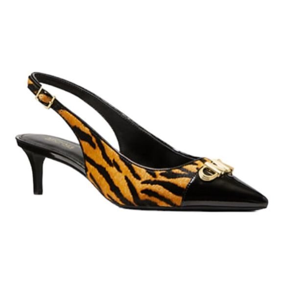 MICHAEL Michael Kors Parker Flex Kitten Sling Heel Black & Tiger Print-Size 8 - Picture 1 of 13